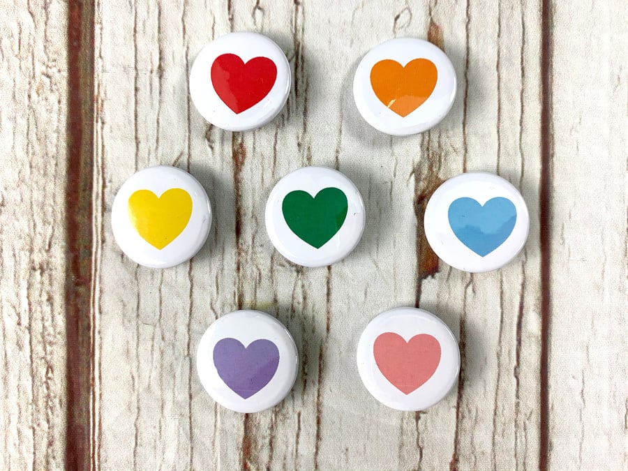 Heart pin badges in a rainbow of colours. Love Emoji pin's Small 25mm, large 38m