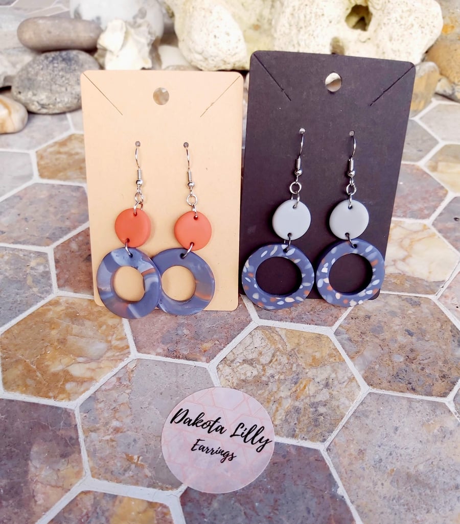 Orange and grey double drop polymer clay hook earrings