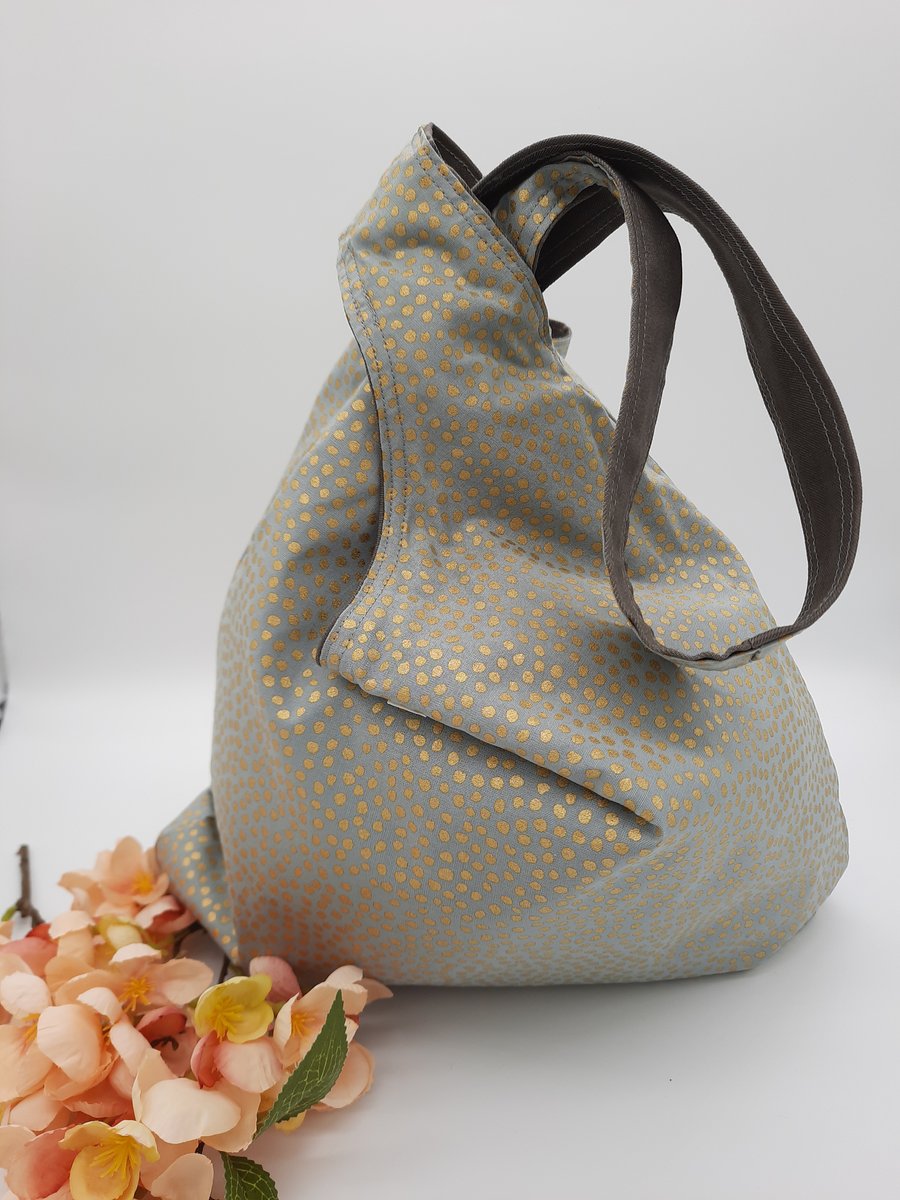 Japanese knot bag, medium,  shoulder bag,  handbag,  grey denim, green, gold 