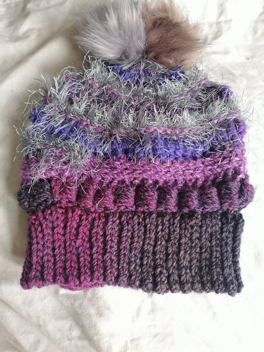 Purple and Silver Bonkers Beanie, Hat with Faux Fur Poms Poms.