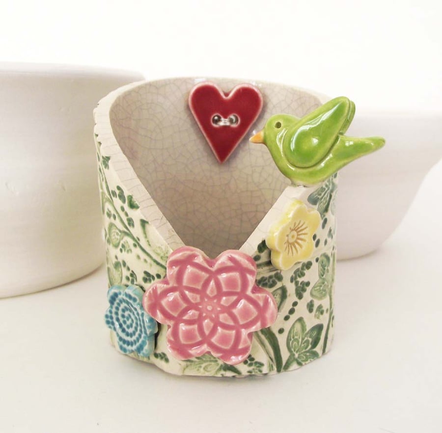 Spring flowers and bird ceramic candle holder