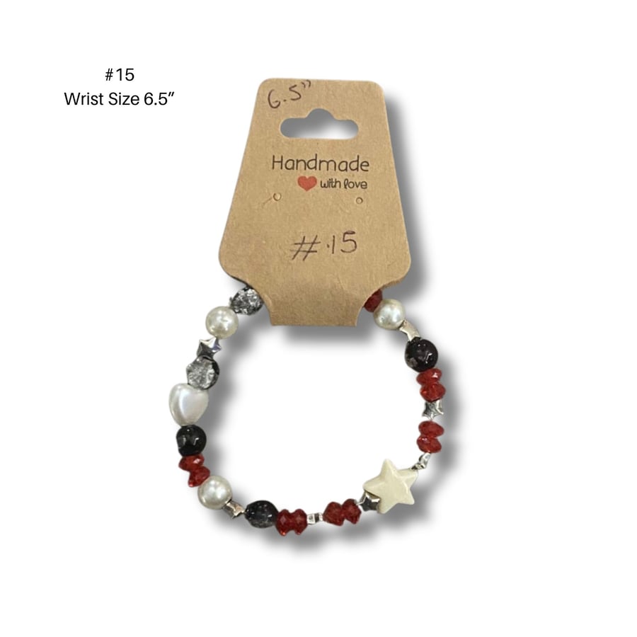 Bracelet 15 – Handmade Grey & Black Crackle Bead Bracelet 6.5” Red Beads & Stars