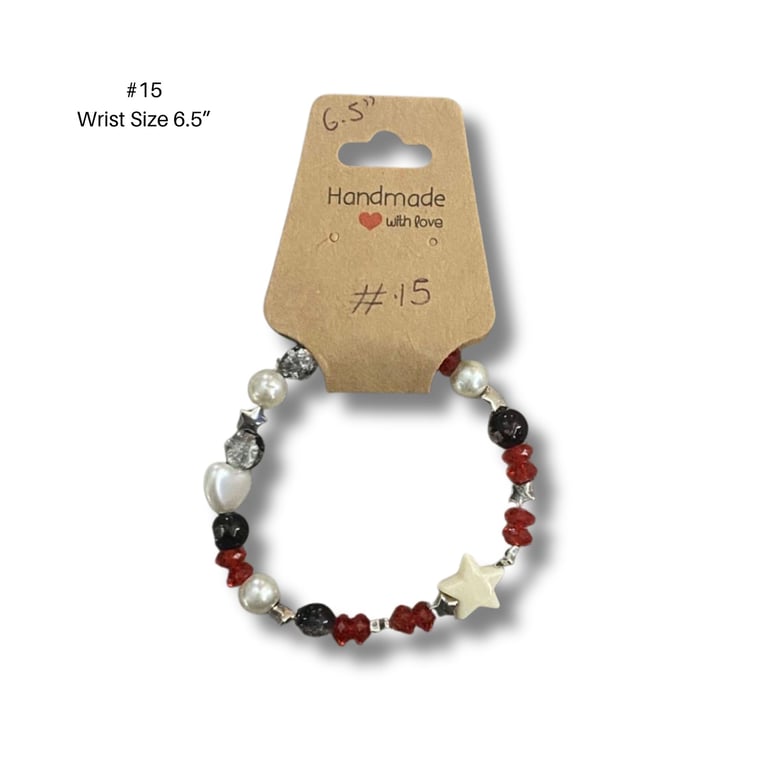 Bracelet 15 – Handmade Grey & Black Crackle Bead Bracelet 6.5” Red Beads & Stars