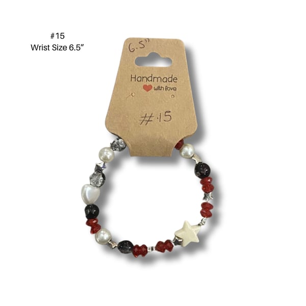 Bracelet 15 – Handmade Grey & Black Crackle Bead Bracelet 6.5” Red Beads & Stars