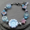 SALE Blue Heart and Flower Czech Glass Beaded Bracelet Vintage Bracelet