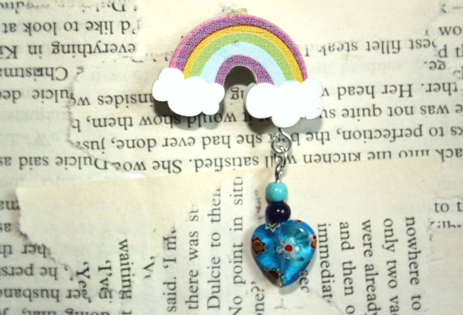 Rainbow Clouds Glass Heart Brooch