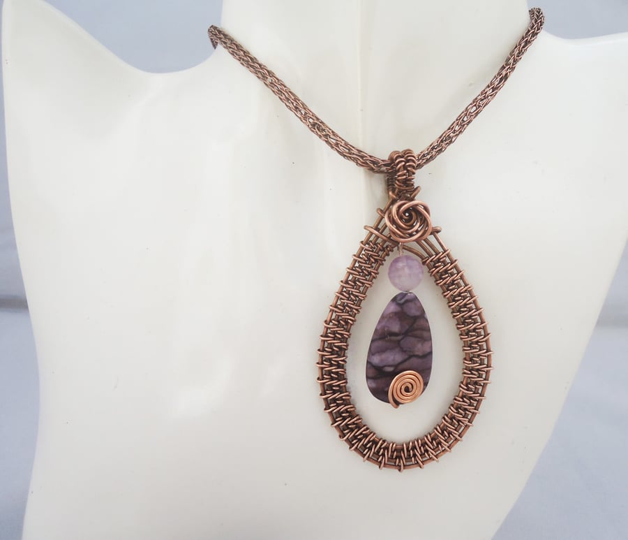 Jasper and Quartz Wire Wrapped Pendant, Viking Knit Chain with Large Pendant