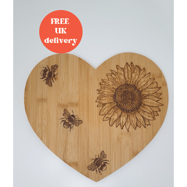 Wooden chopping  board,  pyrography sunflower and bees kitchen gift