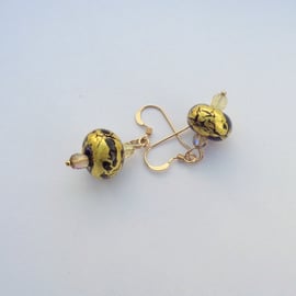 Lampwork glass black and gold foiled bead earrings with gold filled hooks