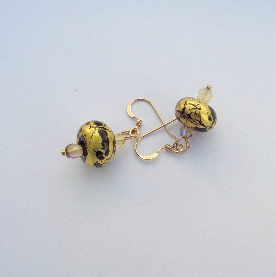 Lampwork glass black and gold foiled bead earrings with gold filled hooks