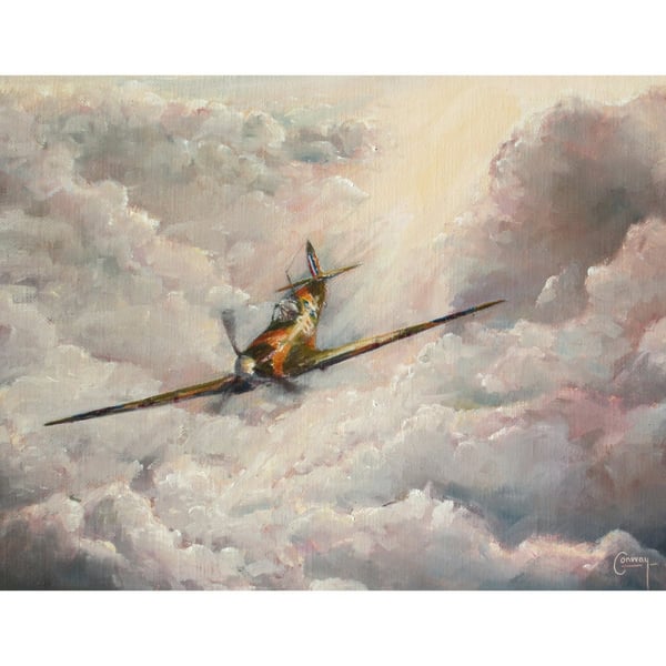 Spitfire Art Card- Battle of Britain Aviation- 7x5 Blank Inside- Father's Day