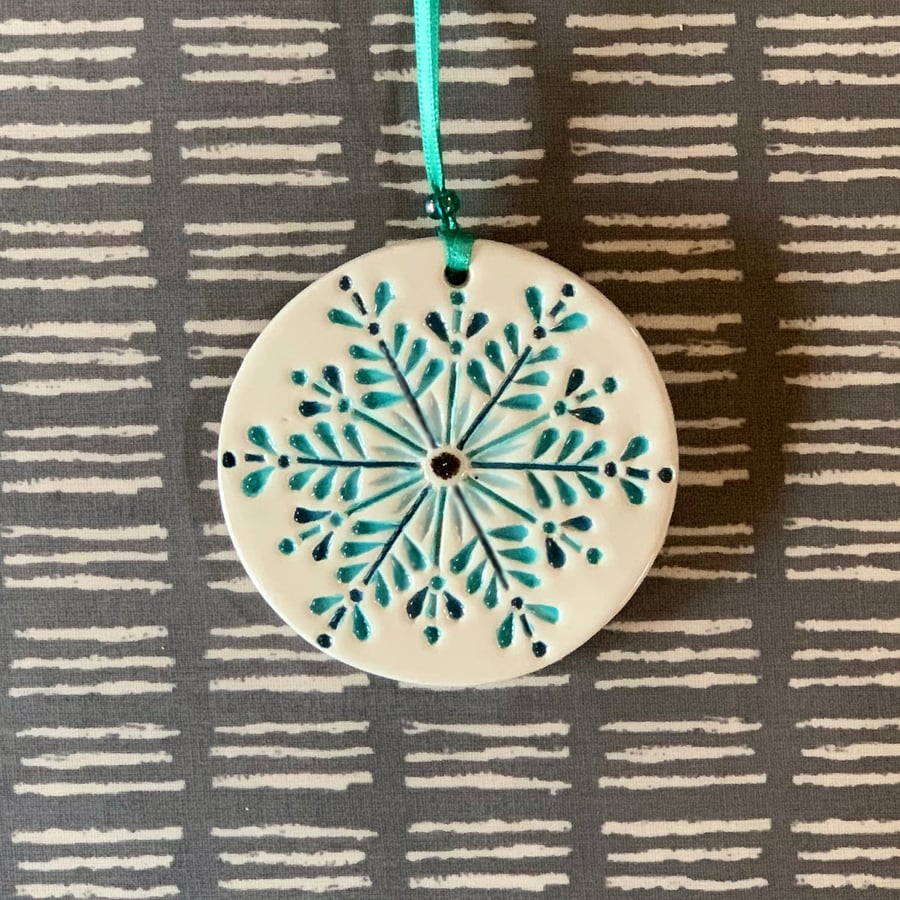 Handmade Ceramic Snowflake Hanger, Skandi Christmas Hanging Decoration