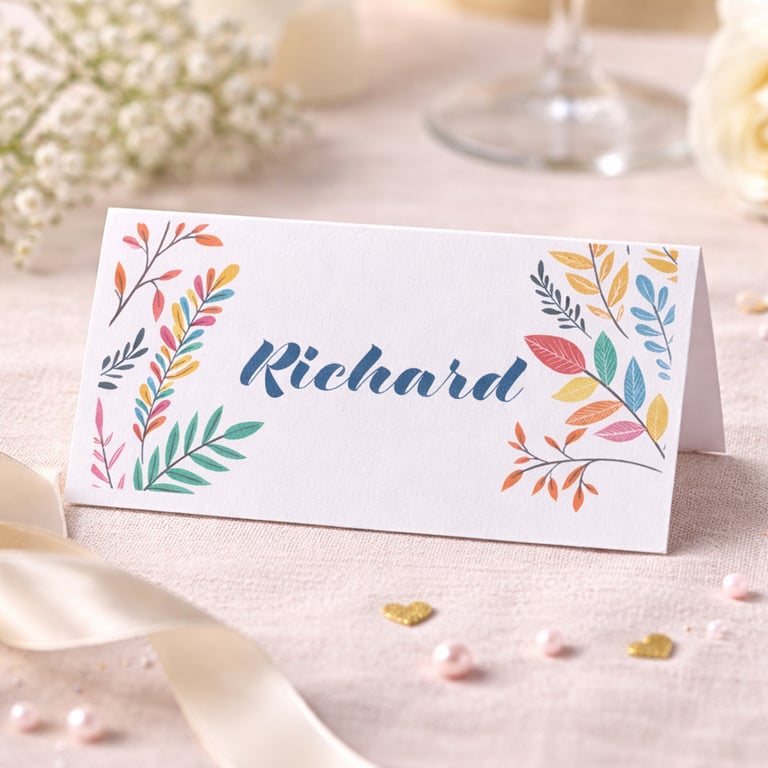 Pastel Leaf Wedding Place Name Card.  Botanical Table Name Card