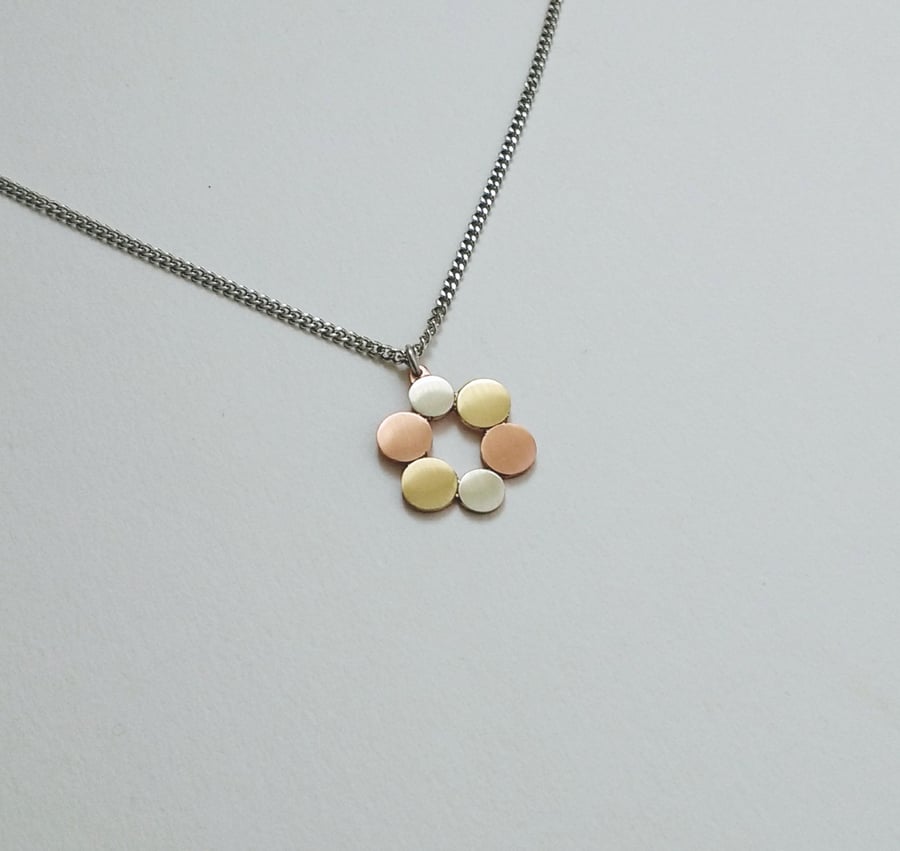 Copper, Brass & Silver Pebbles Circle Pendant on a Sterling Silver Curb Chain