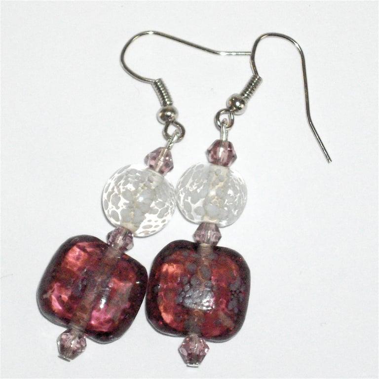 Burgundy and Clear Speckled Glass Bead Earrings