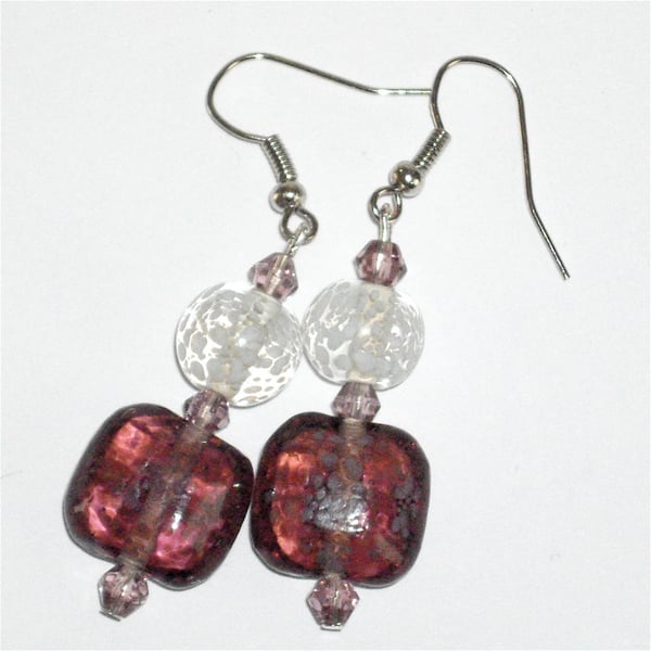 Burgundy and Clear Speckled Glass Bead Earrings