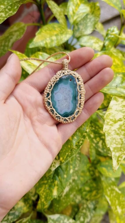 Turquoise Druzy Agate Slice Macrame Necklace 
