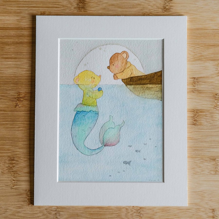 Watercolour Teddy Bear Illustration - Merbear and sailor 