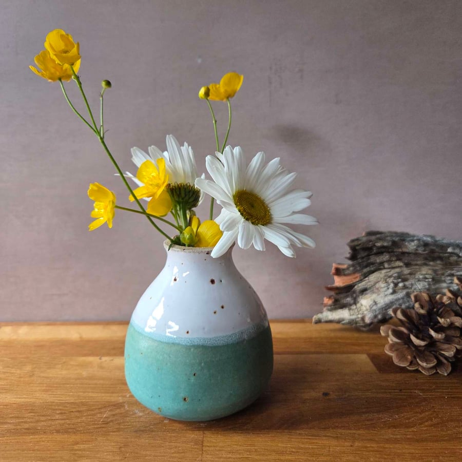 Turquoise and White small handmade pottery bud vase