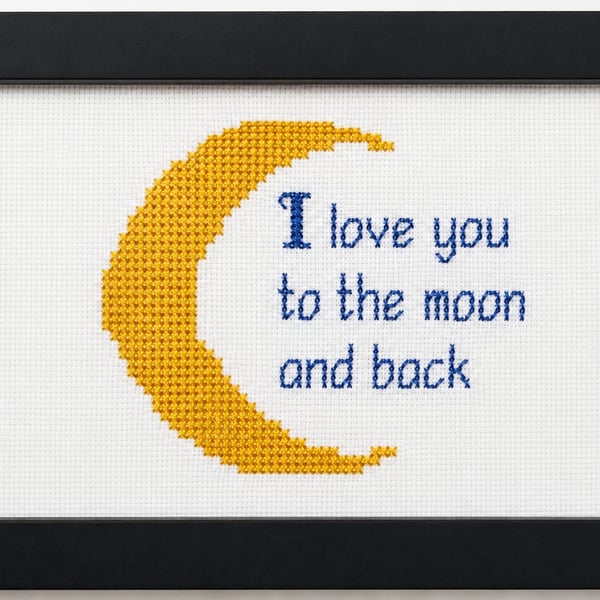 Framed cross stitch picture - 'Moon & Back'