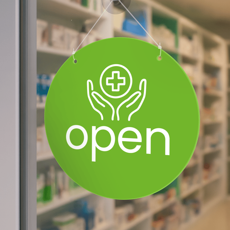 Pharmacy Open & Closed Sign – Hands: Hanging Door Sign for Chemist or Clinic