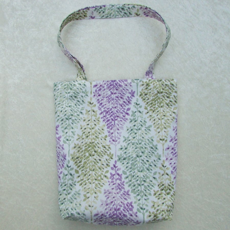 Tote bag - white fabric with mauve, sage green and blue-green trees pattern