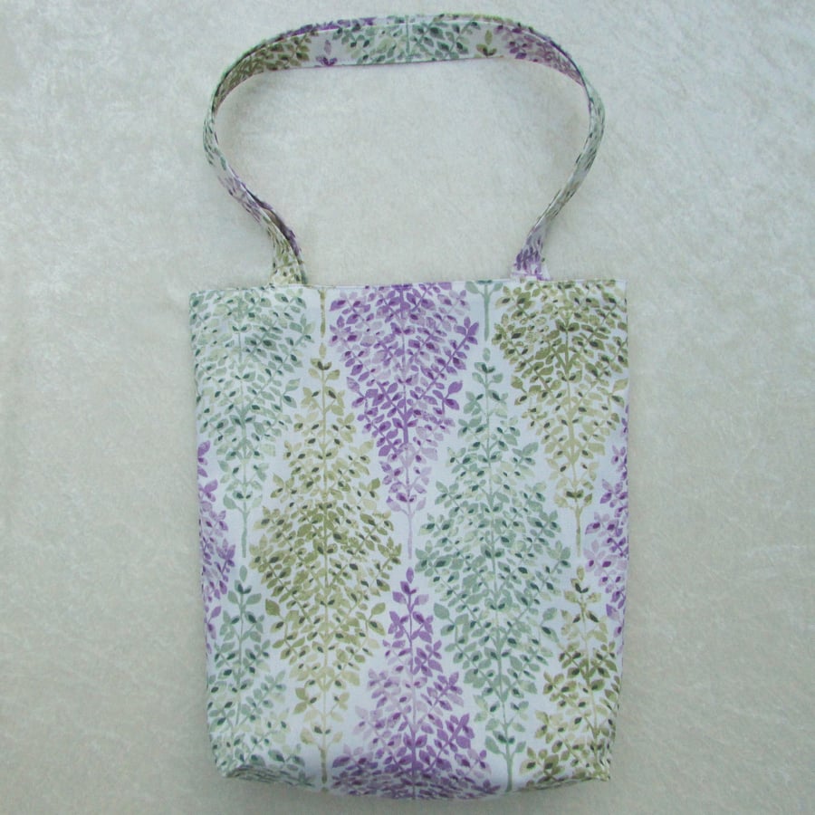 Tote bag - white fabric with mauve, sage green and blue-green trees pattern