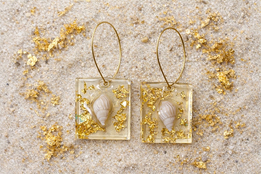Small Rectangle Resin Shell Earrings with Gold Leaf – Coastal Dangle