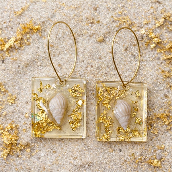 Small Rectangle Resin Shell Earrings with Gold Leaf – Coastal Dangle