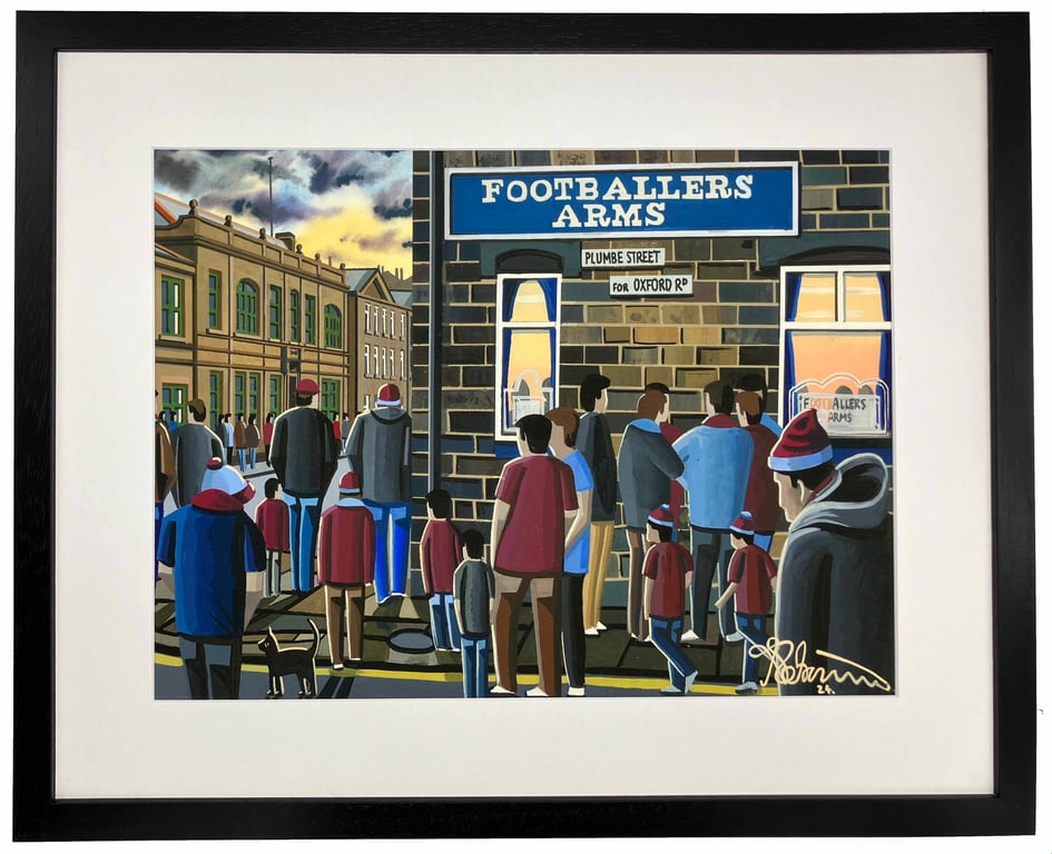 Burnley, Retro Footballers Arms, Framed Football Art Print. 20" x 16" Frame Size