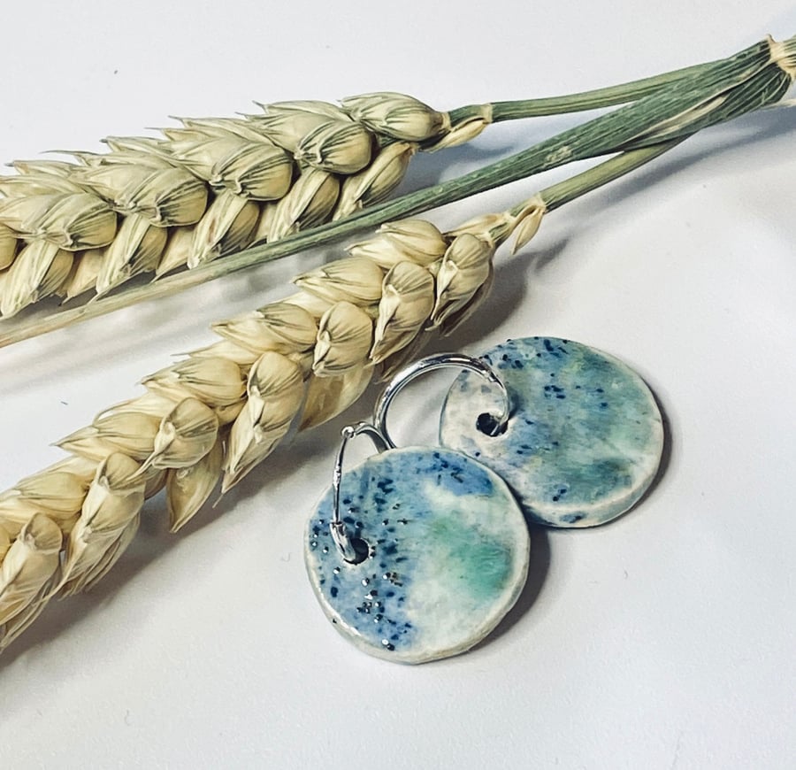 Sterling silver & hand glazed ceramic blue drop earrings - made in Norfolk