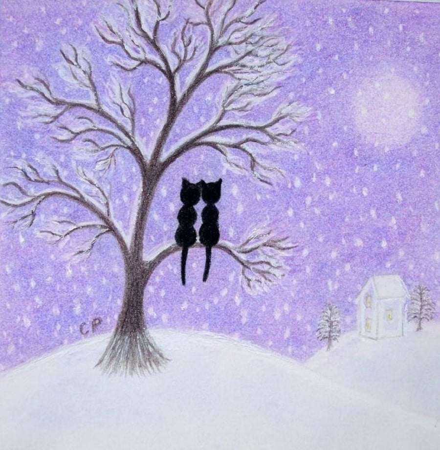 Love Cat Card, Romantic Tree Christmas Art Card, Snow Two Black Cats Moon Winter