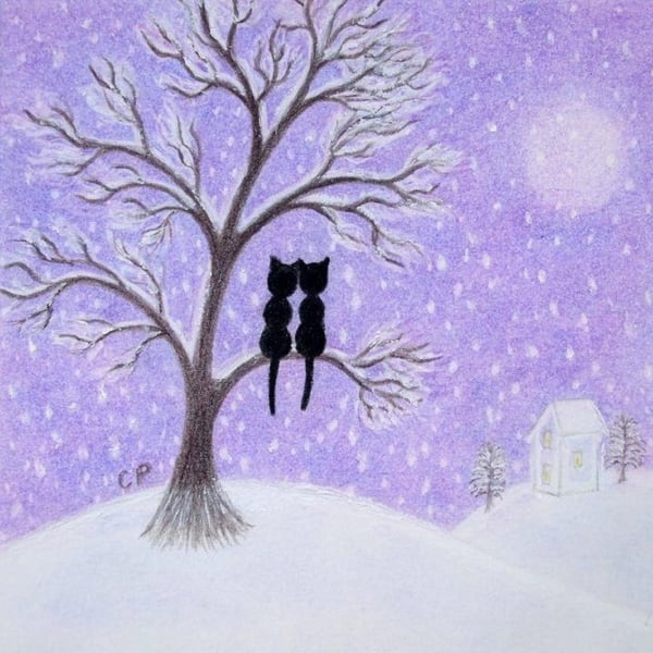 Love Cat Card, Romantic Tree Christmas Art Card, Snow Two Black Cats Moon Winter