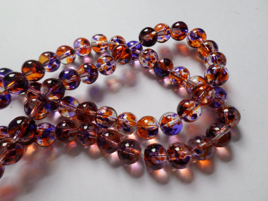 25 x Transparent Mottled Effect Glass Beads - Round - 10mm - Lilac & Amber 