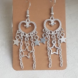 Gorgeous Dangly Hearts and Stars Earrings - Silver Tone Ear Wires.