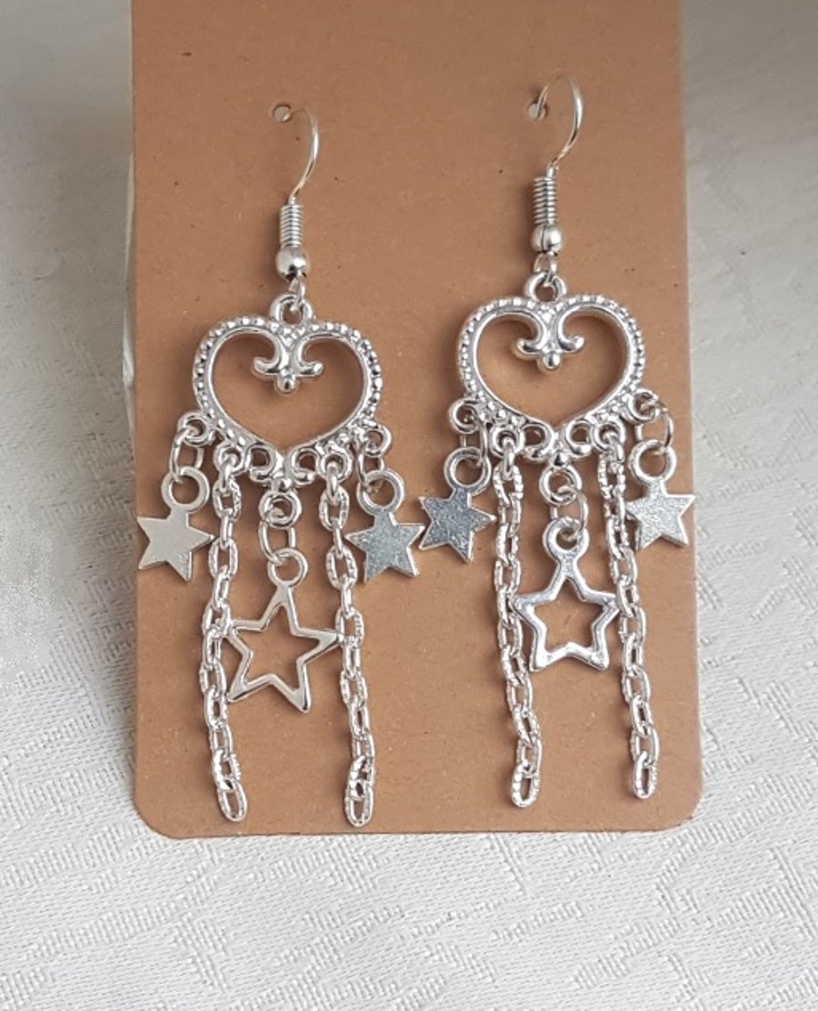 Gorgeous Dangly Hearts and Stars Earrings - Silver Tone Ear Wires.