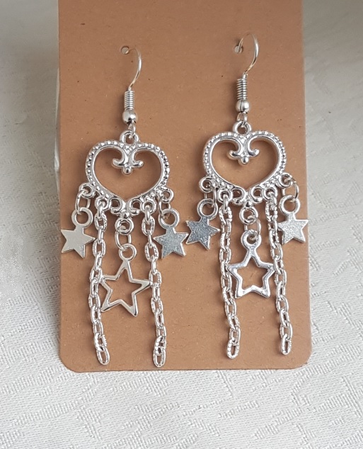 Gorgeous Dangly Hearts and Stars Earrings - Silver Tone Ear Wires.