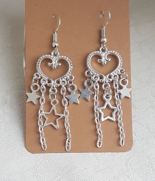 Gorgeous Dangly Hearts and Stars Earrings - Silver Tone Ear Wires.