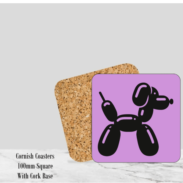 Purple Balloon Dog Coaster 4" Square With Cork Base