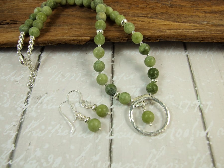 Jade and Sterling Silver Necklace and Earring Set, Soft Olive Green