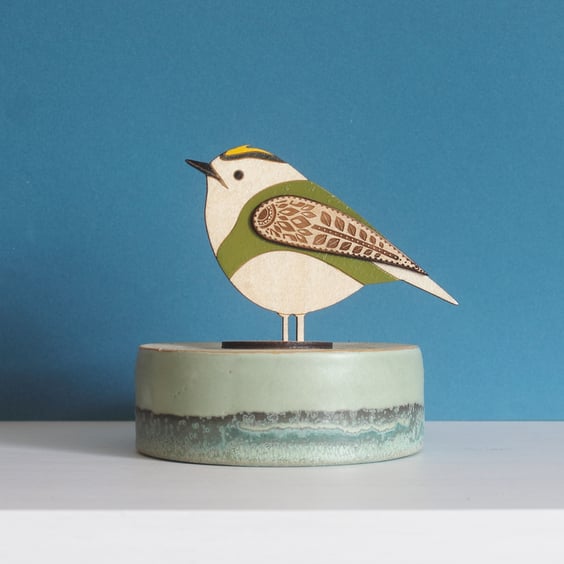 Standing Wooden Goldcrest Decoration - Hand Painted