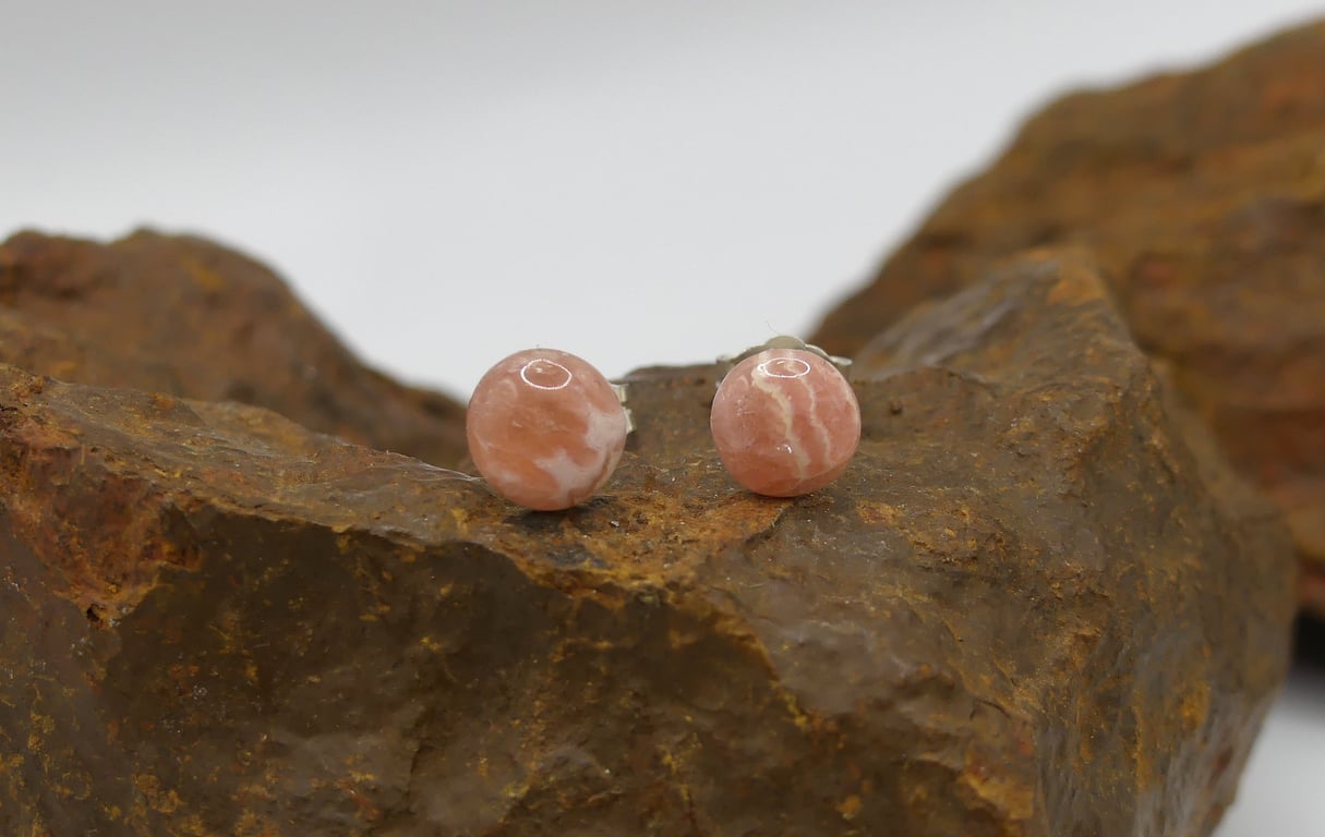 Sterling Silver Stud Earrings with 6mm Rhodochrosite Striped Gemstones.