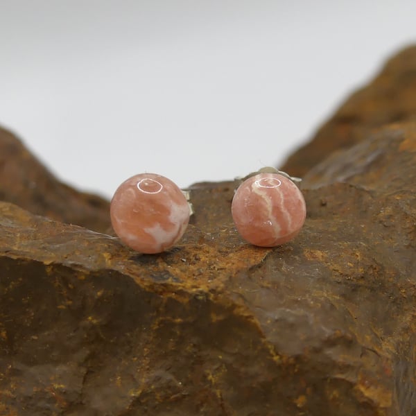 Sterling Silver Stud Earrings with 6mm Rhodochrosite Striped Gemstones.