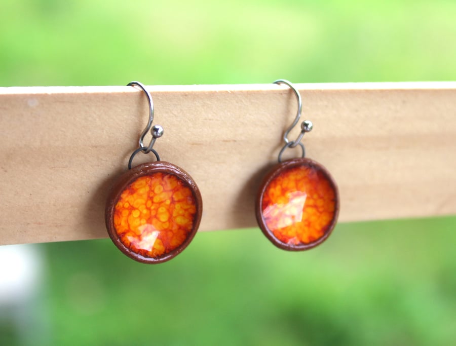 Handmade Ceramic Dangle Earrings, Foraged Bristol Clay, Orange Glaze