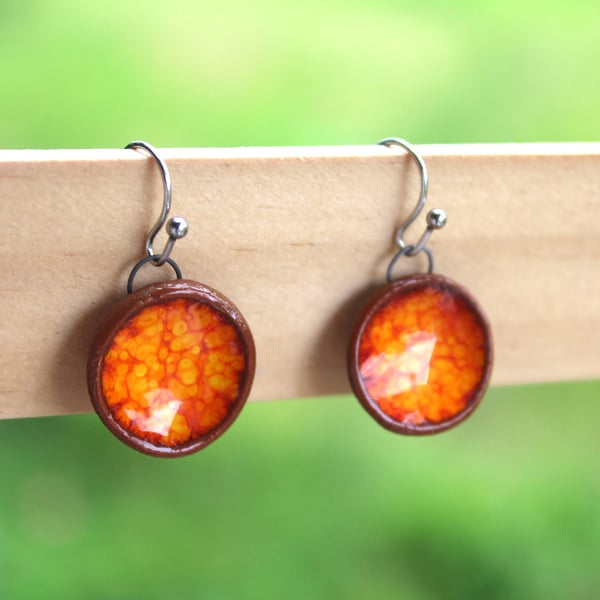 Handmade Ceramic Dangle Earrings, Foraged Bristol Clay, Orange Glaze
