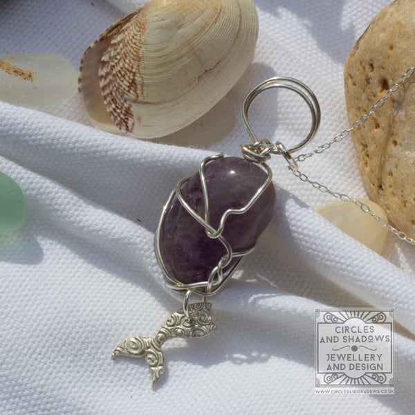 Mermaid Tail Charm Pendant Necklace and Amethyst Hallmarked Silver 