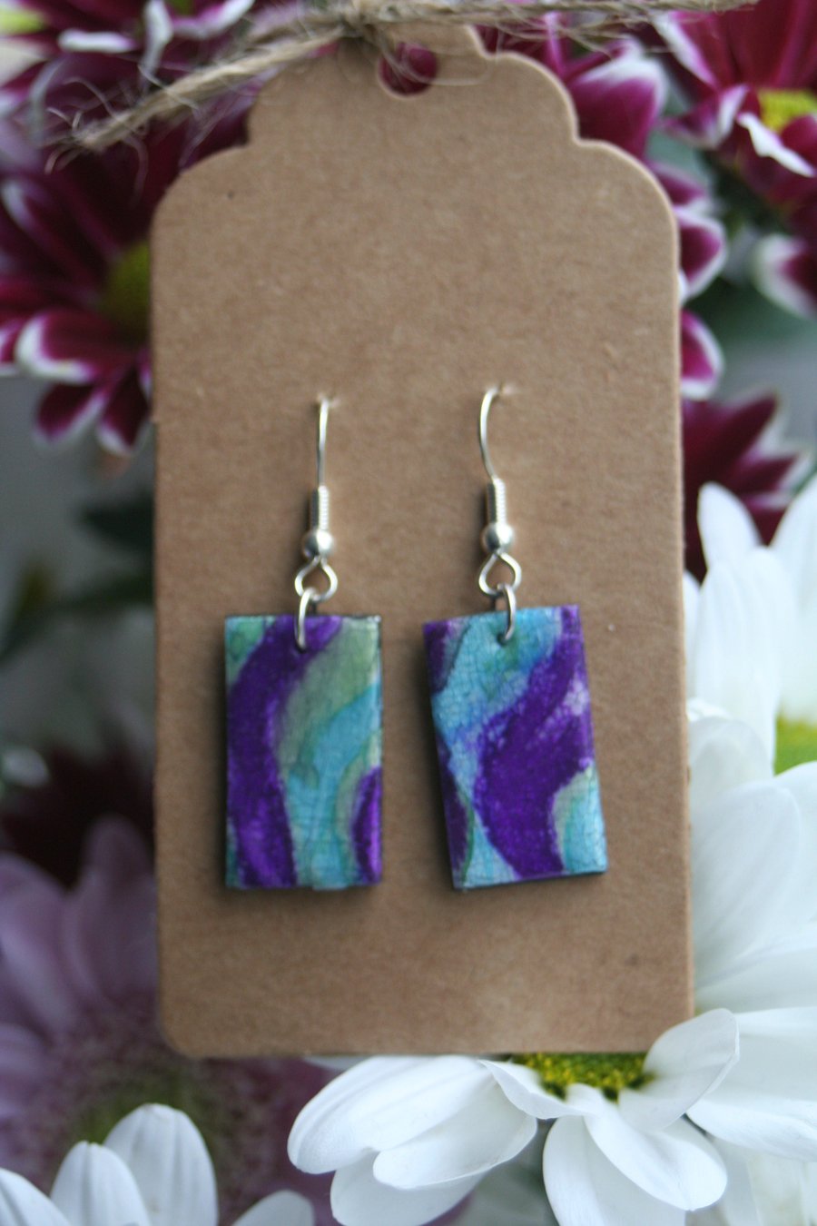 Green and purple polymer clay rectangular earrings