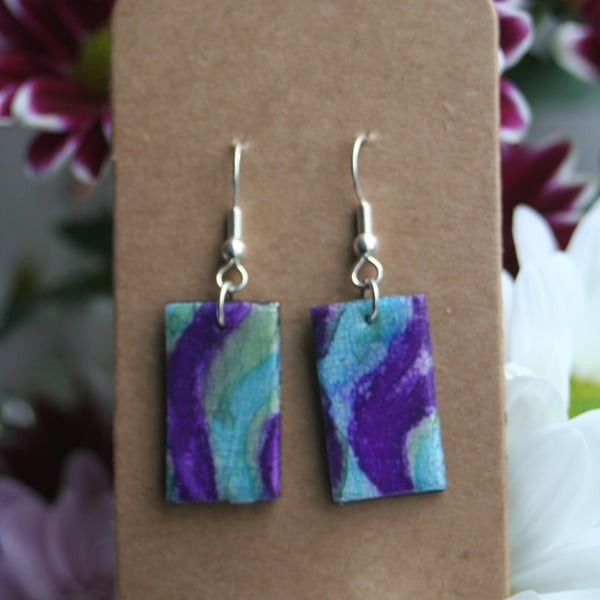Green and purple polymer clay rectangular earrings