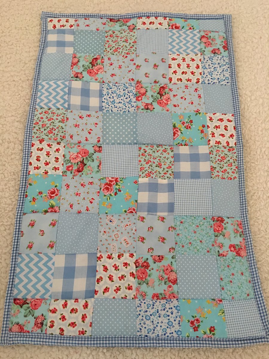 Blue patchwork  baby quilt , bedding,blanket  with white  fleece 