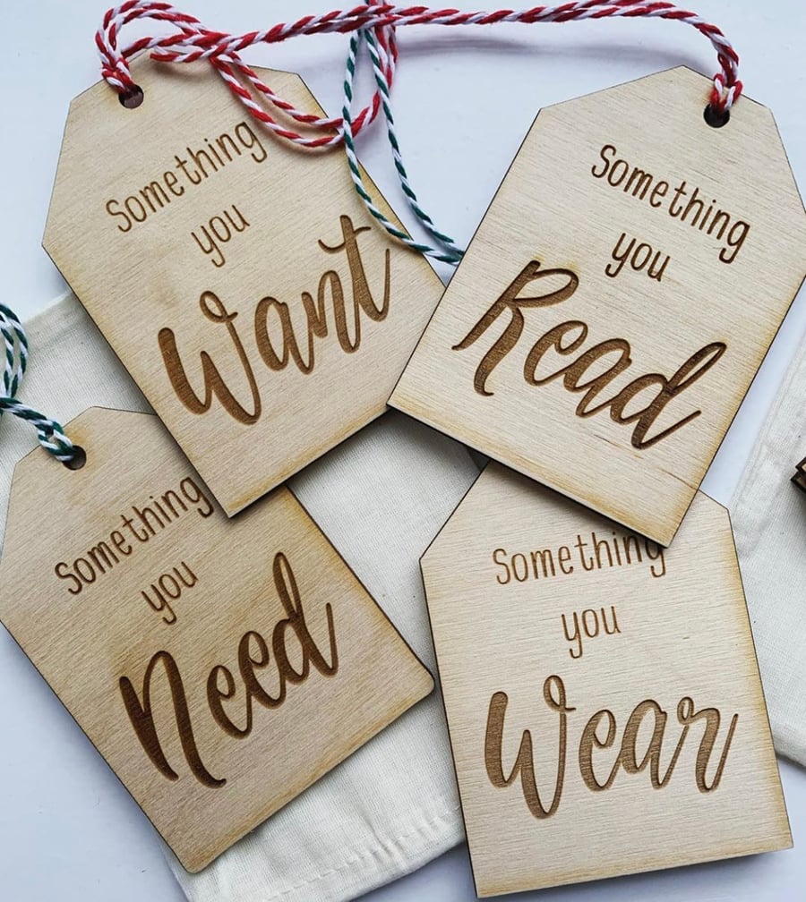 Wooden want, need, wear, read tags